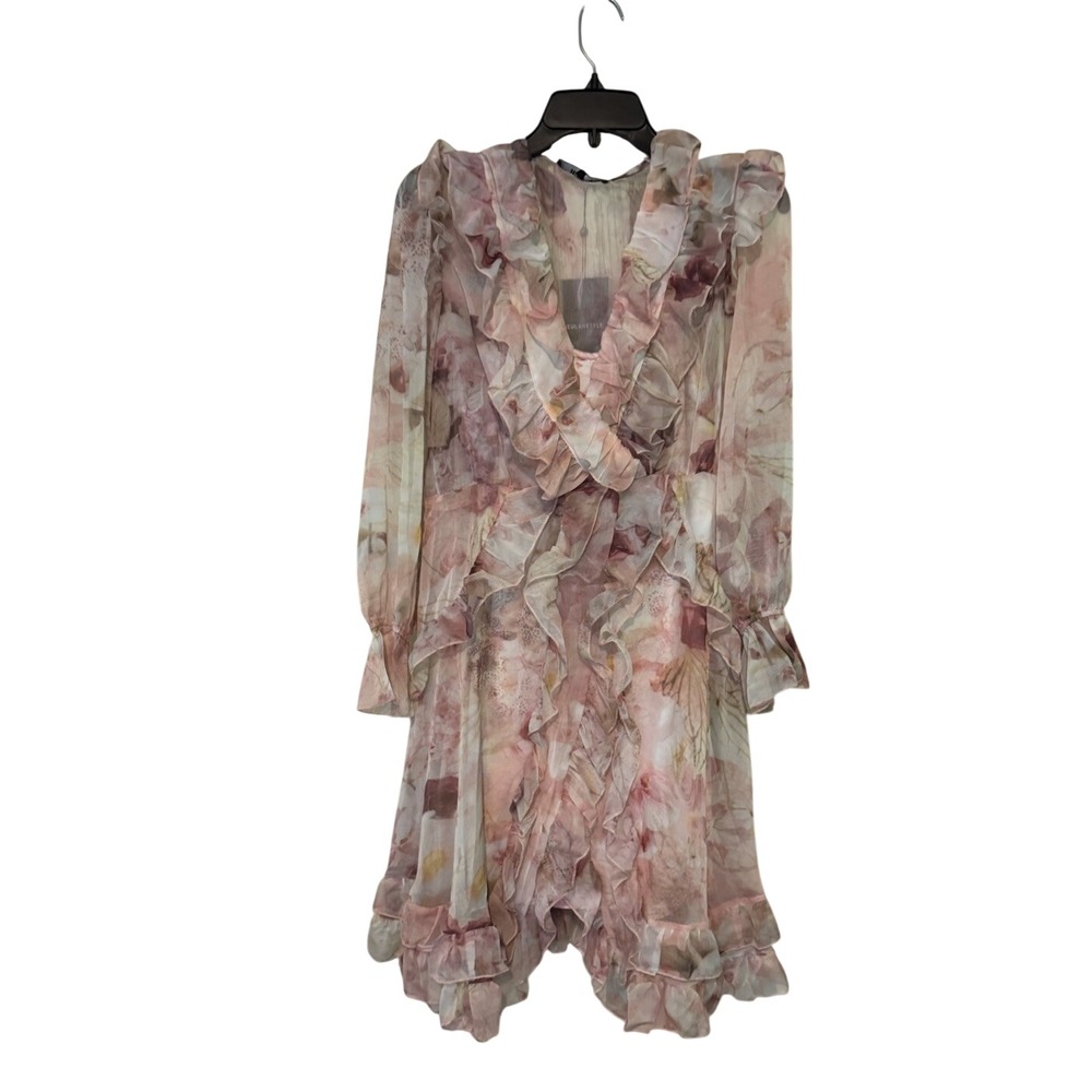 Beulah Romantic Ruffle Floral Chiffon Dress Pink Mauve Sheer Long Sleeve Size 14